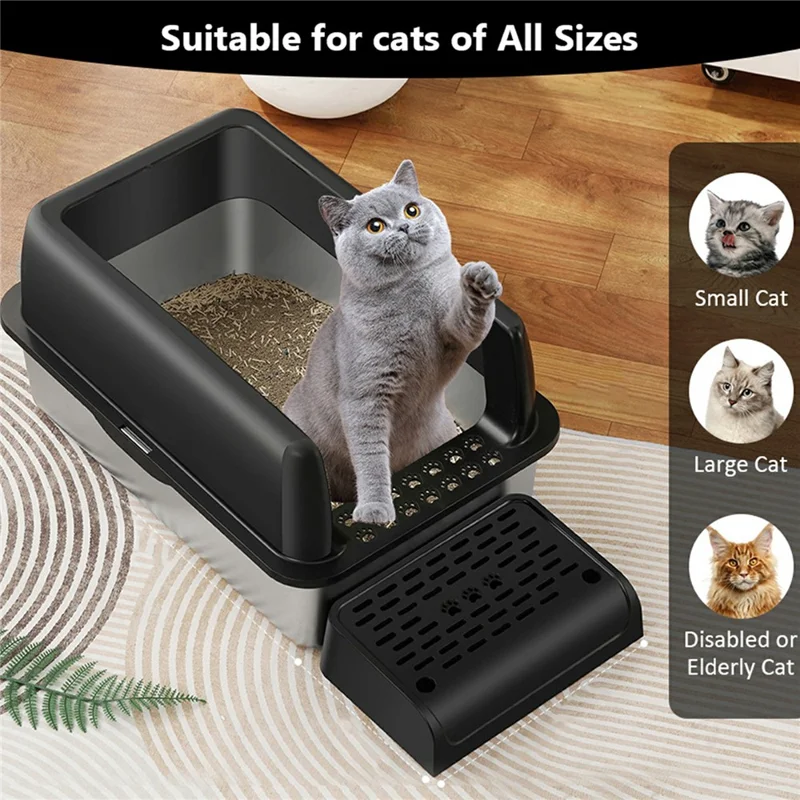 Stainless Steel Cat Litter Box High Sides Anti Scatter Easy Clean Pet Cat Toilet, 60x40x20cm - Black