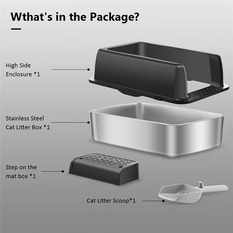 Stainless Steel Cat Litter Box High Sides Anti Scatter Easy Clean Pet Cat Toilet, 60x40x20cm - Black