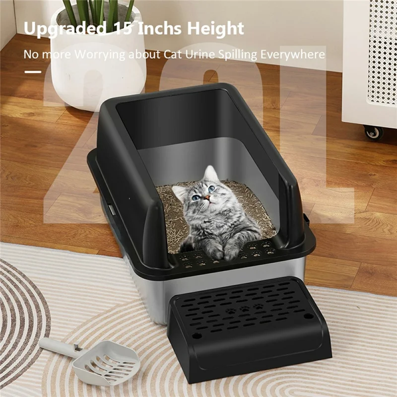 Stainless Steel Cat Litter Box High Sides Anti Scatter Easy Clean Pet Cat Toilet, 60x40x20cm - Black