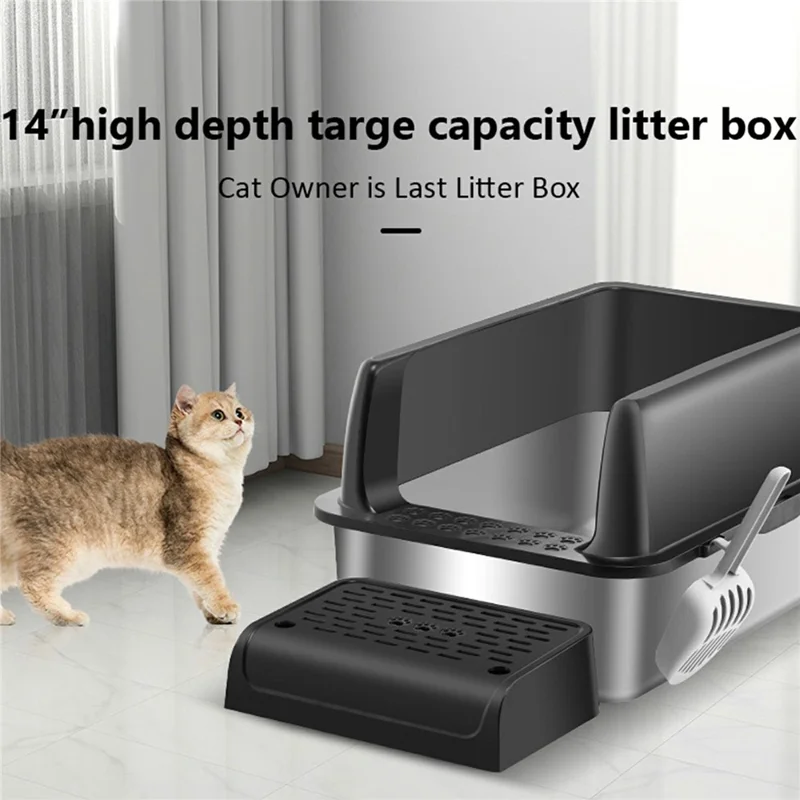 Stainless Steel Cat Litter Box High Sides Anti Scatter Easy Clean Pet Cat Toilet, 60x40x20cm - Black