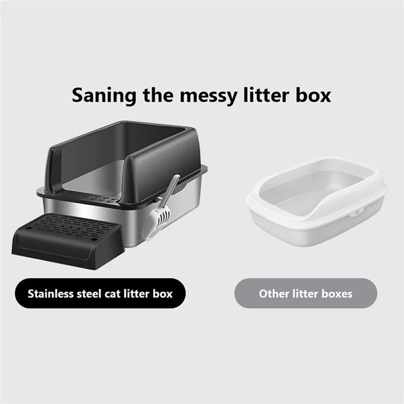 Stainless Steel Cat Litter Box High Sides Anti Scatter Easy Clean Pet Cat Toilet, 60x40x20cm - Black