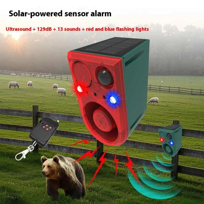 N911J Repelente Solar para Animales con Modo Doble: Voz y Ultrasónico, con Sensor de Movimiento y Luz Intermitente Roja y Azul