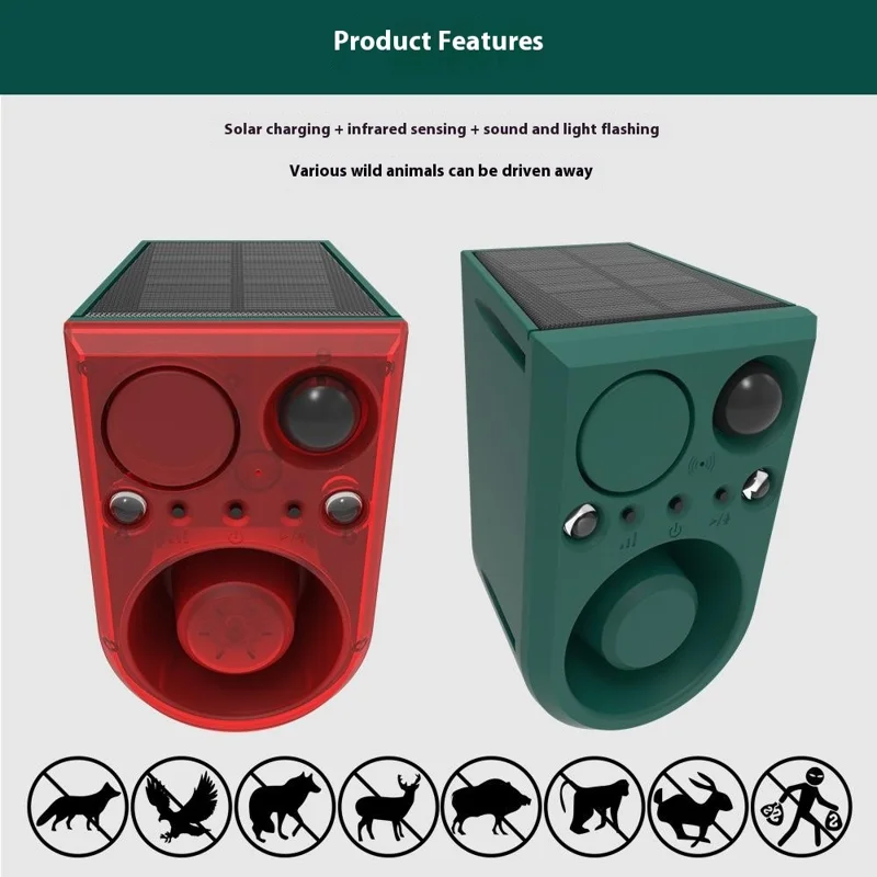 N911J Repelente Solar para Animales con Modo Doble: Voz y Ultrasónico, con Sensor de Movimiento y Luz Intermitente Roja y Azul