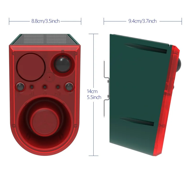 N911J Repelente Solar para Animales con Modo Doble: Voz y Ultrasónico, con Sensor de Movimiento y Luz Intermitente Roja y Azul