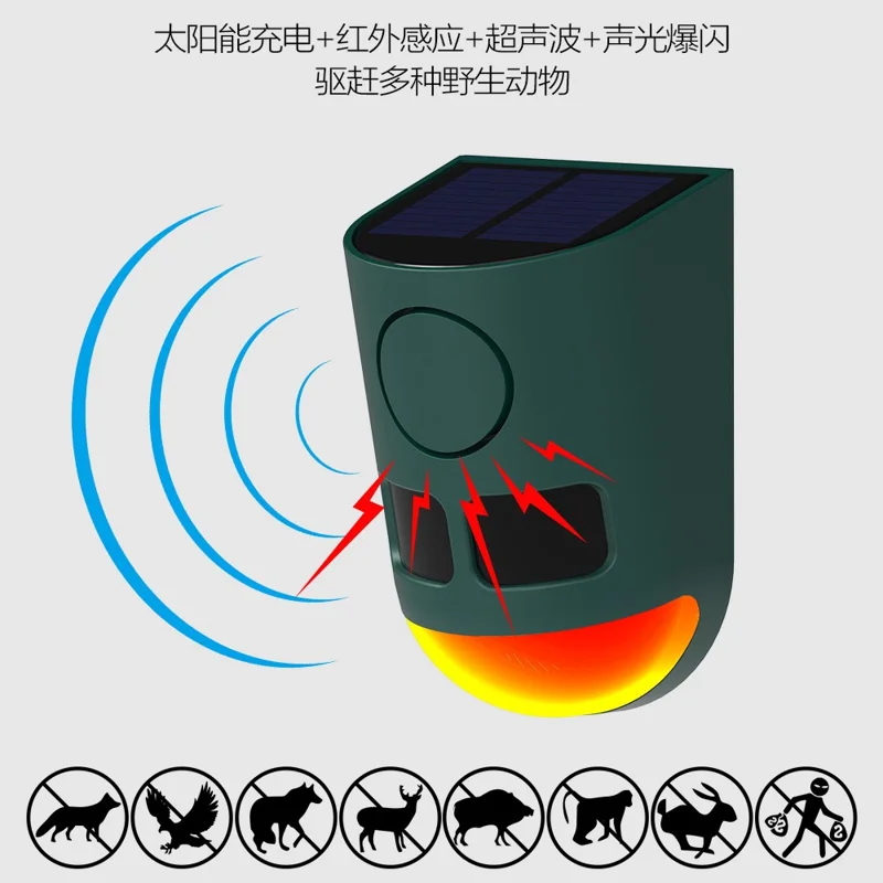 N911B Répulsif à Ultrasons Solaire pour Animaux avec Capteur de Mouvement Infrarouge et Alarme Sonore Lumineuse pour Oiseaux et Nuisibles d'Extérieur
