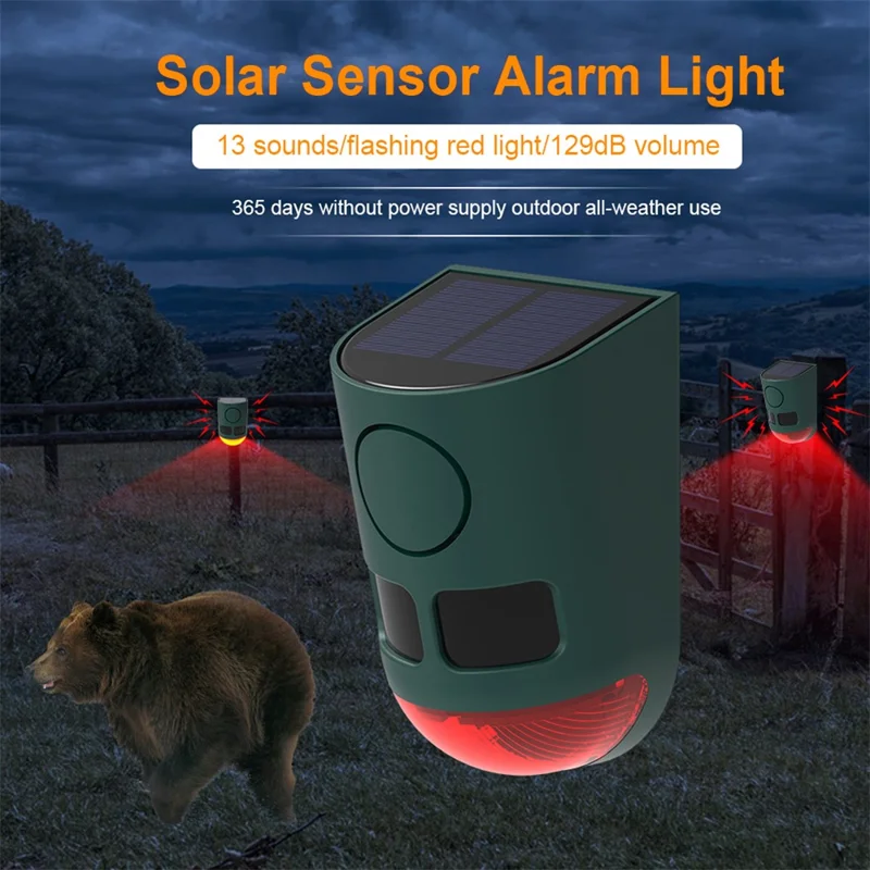 N911B Répulsif à Ultrasons Solaire pour Animaux avec Capteur de Mouvement Infrarouge et Alarme Sonore Lumineuse pour Oiseaux et Nuisibles d'Extérieur