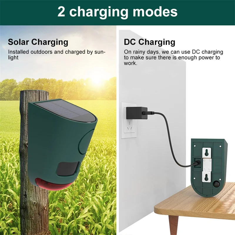N911B Répulsif à Ultrasons Solaire pour Animaux avec Capteur de Mouvement Infrarouge et Alarme Sonore Lumineuse pour Oiseaux et Nuisibles d'Extérieur
