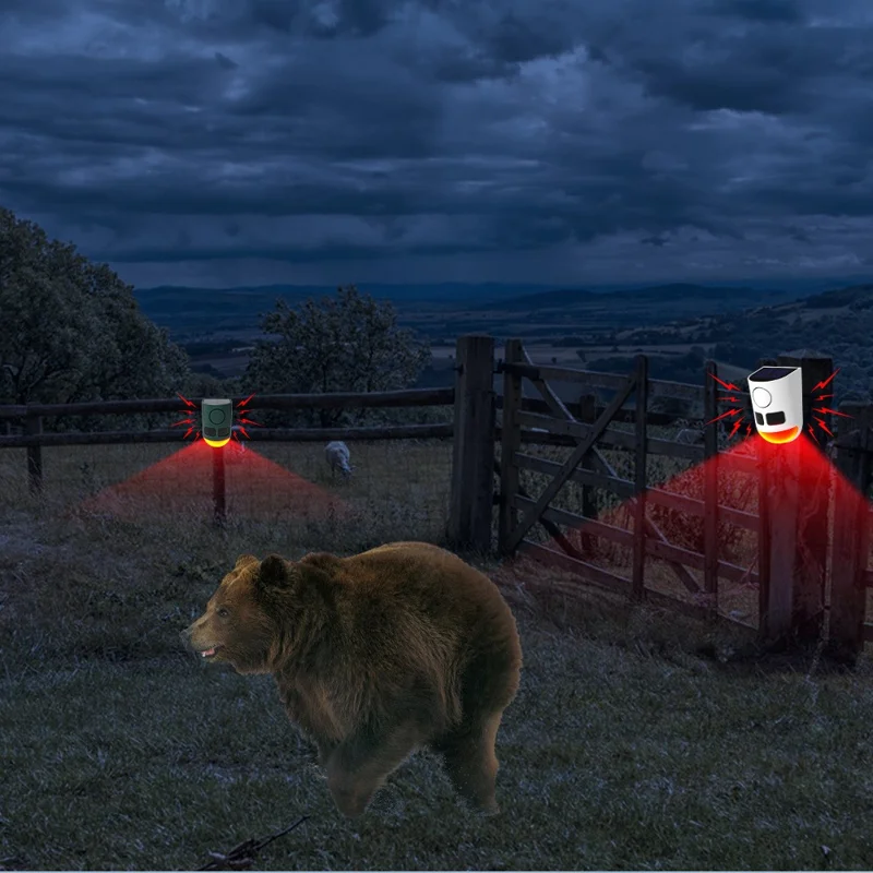 N911B Répulsif à Ultrasons Solaire pour Animaux avec Capteur de Mouvement Infrarouge et Alarme Sonore Lumineuse pour Oiseaux et Nuisibles d'Extérieur