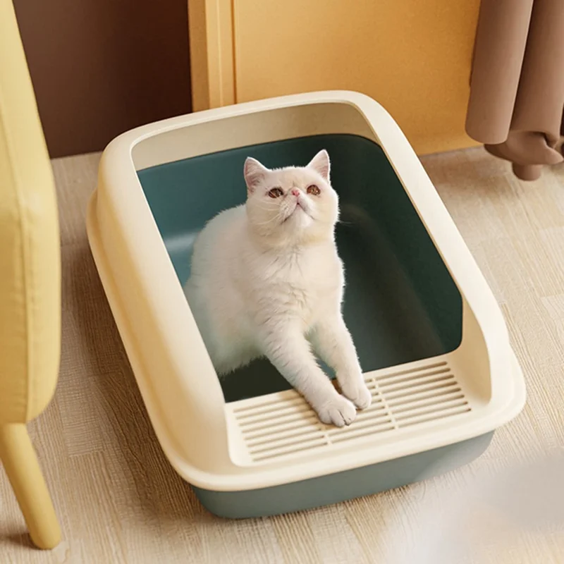 40 x 31 x 17 cm Halboffene Katzentoilette mit Hohen Wänden, Verstärkte Kunststoff-Spritzschutz, Haustier-WC mit Streukelle – Gelb + Grün