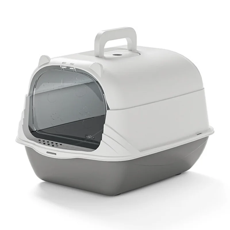 Tragbare Katzenstreu-Box mit Tür, Geruchskontrolle, Anti-Spritz-Schutz, transportable, geschlossene Katzen-Toilette – Grau