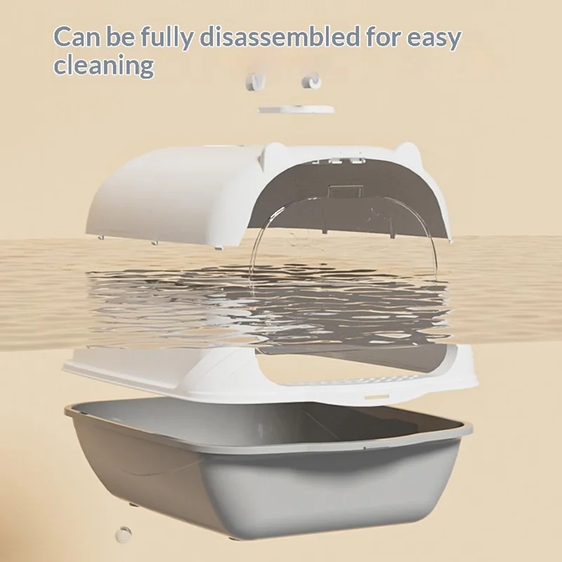 Tragbare Katzenstreu-Box mit Tür, Geruchskontrolle, Anti-Spritz-Schutz, transportable, geschlossene Katzen-Toilette – Grau