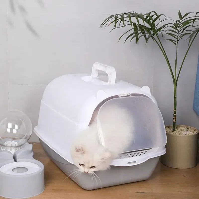 Tragbare Katzenstreu-Box mit Tür, Geruchskontrolle, Anti-Spritz-Schutz, transportable, geschlossene Katzen-Toilette – Grau