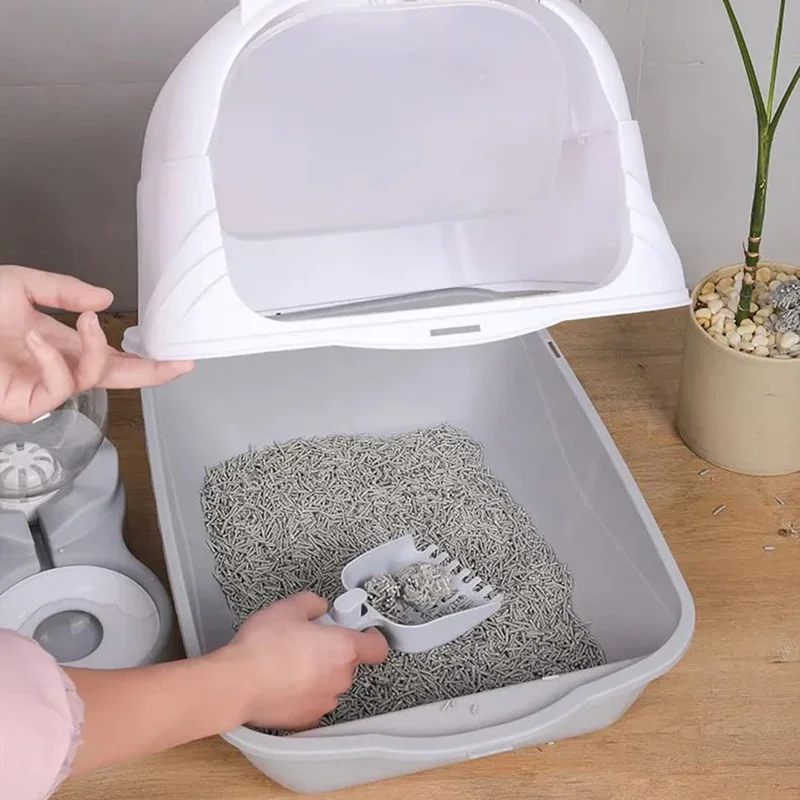 Tragbare Katzenstreu-Box mit Tür, Geruchskontrolle, Anti-Spritz-Schutz, transportable, geschlossene Katzen-Toilette – Grau