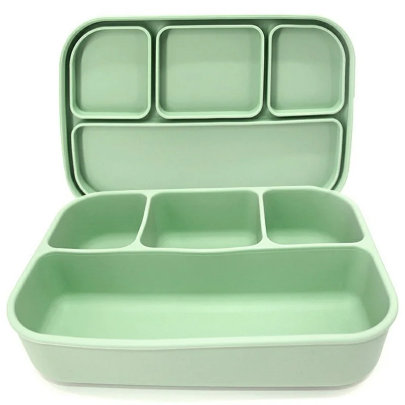 4-Compartments Silicone Lunch Box with Lid Microwave Safe Food Storage Container (BPA Free, No FDA) - Green