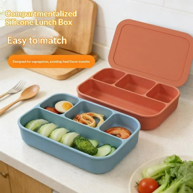 4-Compartments Silicone Lunch Box with Lid Microwave Safe Food Storage Container (BPA Free, No FDA) - Green