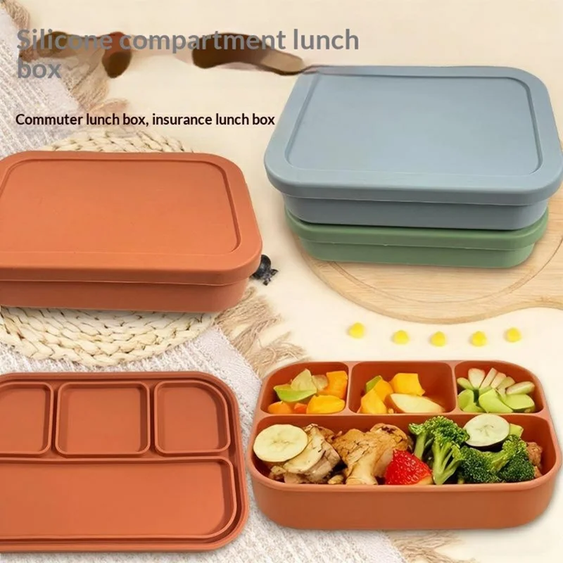 4-Compartments Silicone Lunch Box with Lid Microwave Safe Food Storage Container (BPA Free, No FDA) - Green