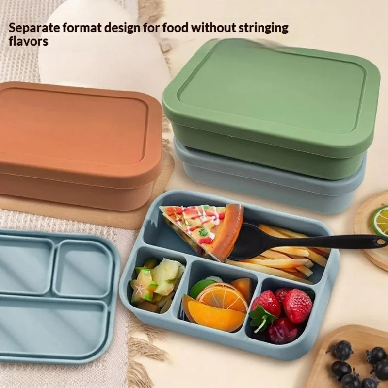 4-Compartments Silicone Lunch Box with Lid Microwave Safe Food Storage Container (BPA Free, No FDA) - Green