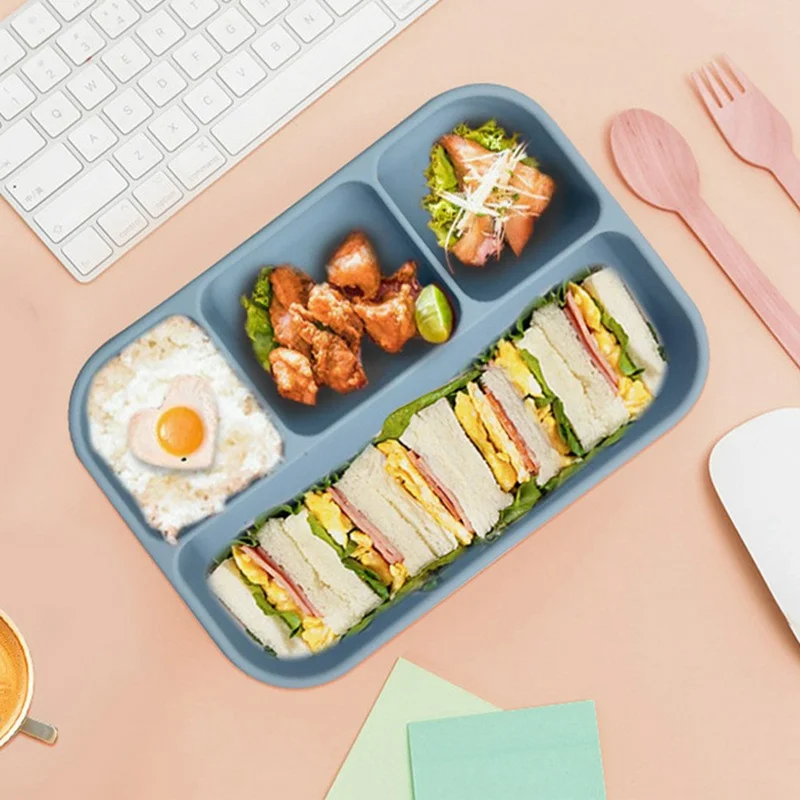 4-Compartments Silicone Lunch Box with Lid Microwave Safe Food Storage Container (BPA Free, No FDA) - Green