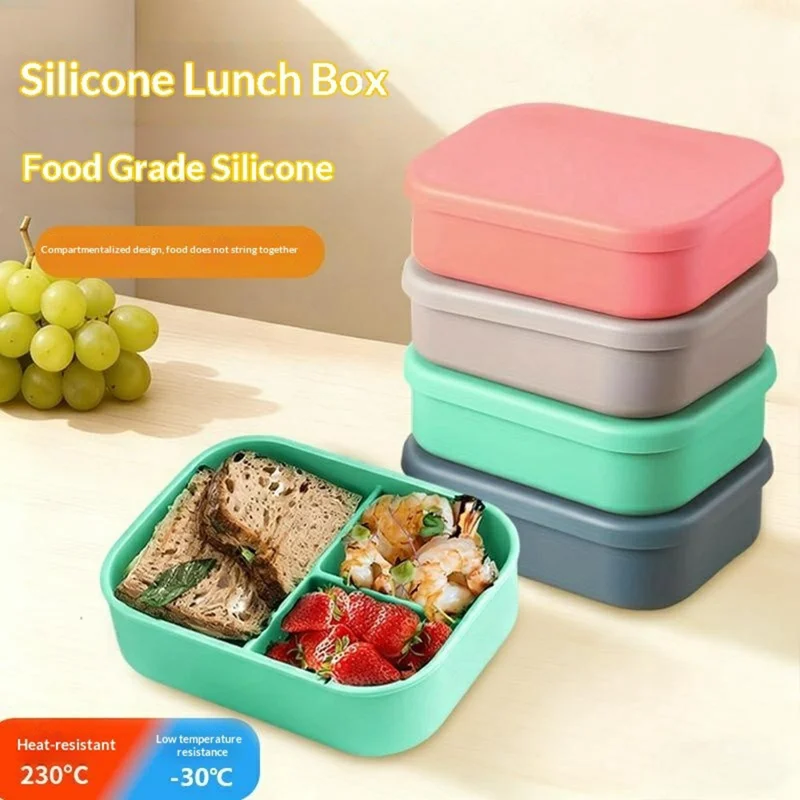 3-Compartments Silicone Lunch Box with Lid Microwave Safe Food Storage Container (BPA Free, No FDA) - Green