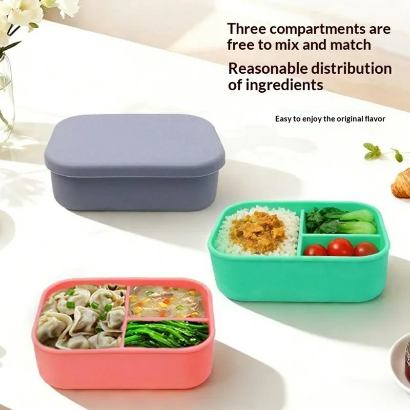 3-Compartments Silicone Lunch Box with Lid Microwave Safe Food Storage Container (BPA Free, No FDA) - Green