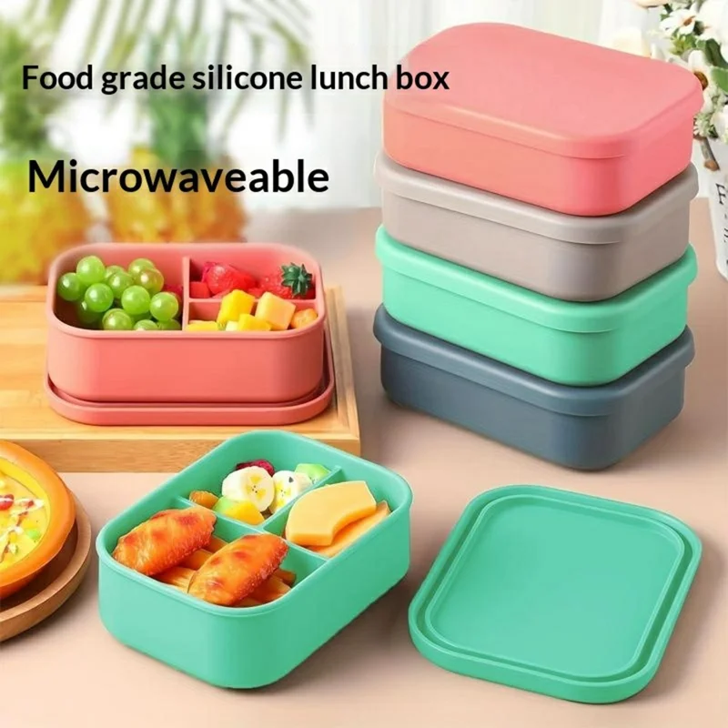 3-Compartments Silicone Lunch Box with Lid Microwave Safe Food Storage Container (BPA Free, No FDA) - Green