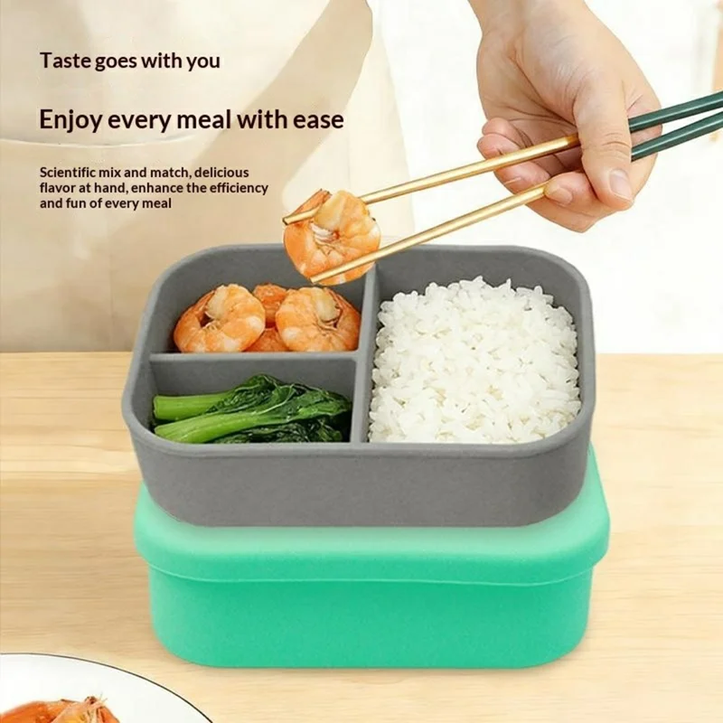3-Compartments Silicone Lunch Box with Lid Microwave Safe Food Storage Container (BPA Free, No FDA) - Green