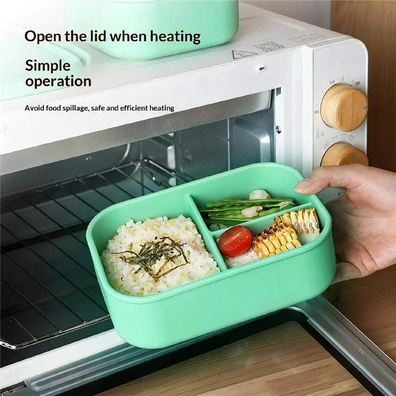 3-Compartments Silicone Lunch Box with Lid Microwave Safe Food Storage Container (BPA Free, No FDA) - Green