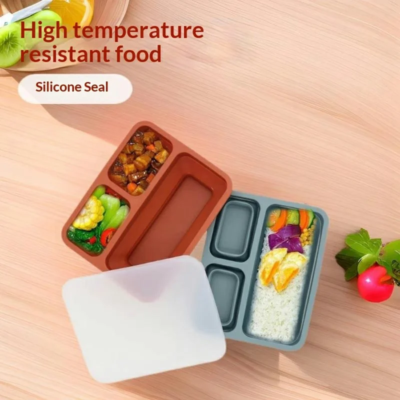 3-Compartments Silicone Lunch Box Microwave Safe Collapsible Food Container with Lid (BPA Free, No FDA) - Blue