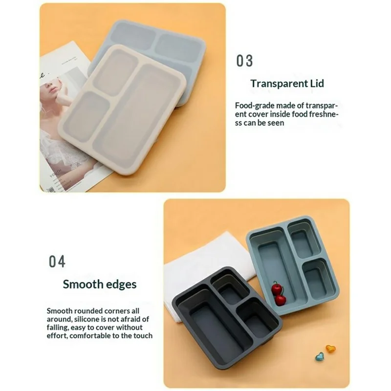3-Compartments Silicone Lunch Box Microwave Safe Collapsible Food Container with Lid (BPA Free, No FDA) - Blue