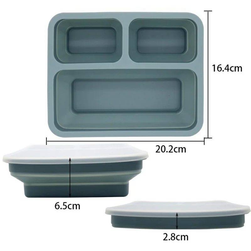 3-Compartments Silicone Lunch Box Microwave Safe Collapsible Food Container with Lid (BPA Free, No FDA) - Blue
