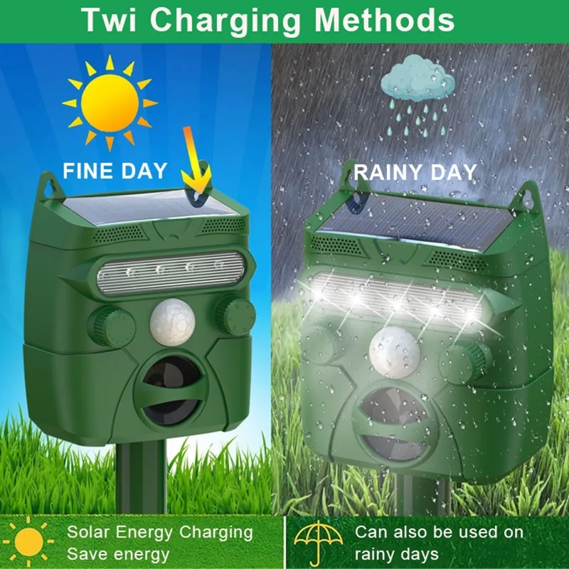 RC-548 Solar Powered Ultrasonic Animal Repeller with PIR Sensor and LED Flash IPX4 Waterproof - Green