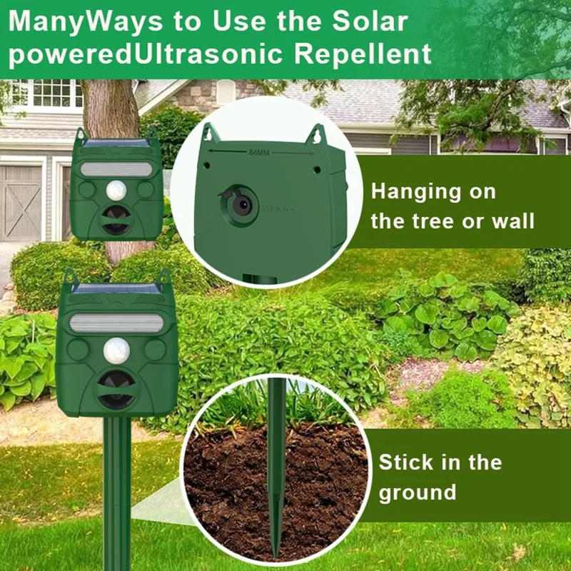 RC-548 Solar Powered Ultrasonic Animal Repeller with PIR Sensor and LED Flash IPX4 Waterproof - Green