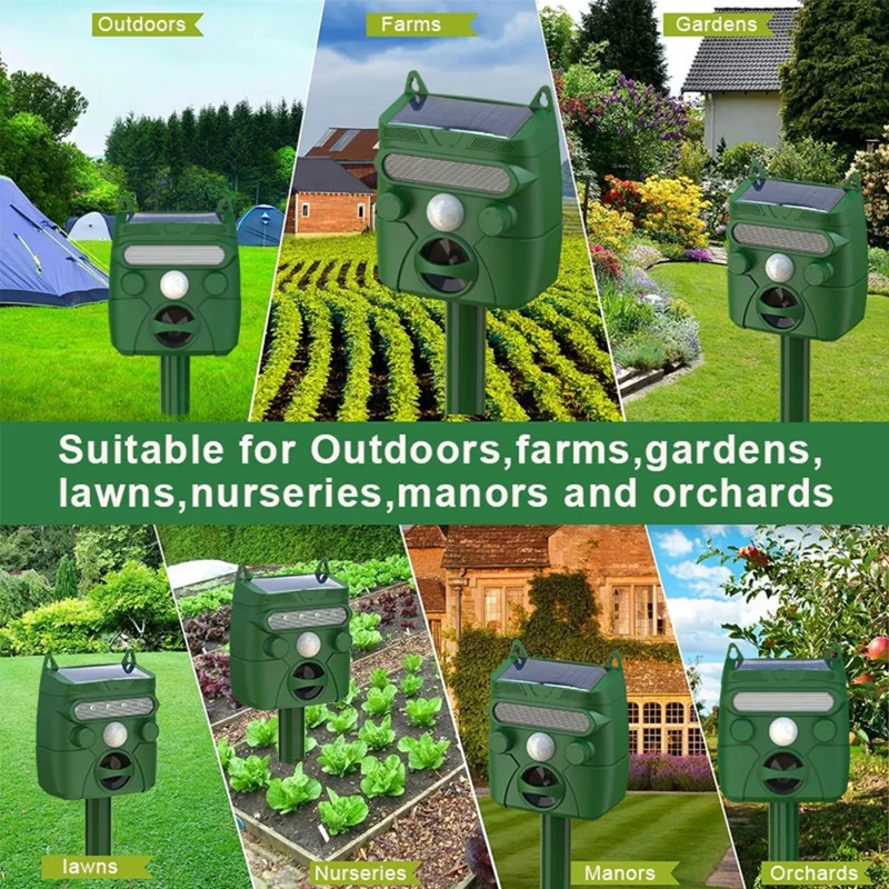 RC-548 Solar Powered Ultrasonic Animal Repeller with PIR Sensor and LED Flash IPX4 Waterproof - Green