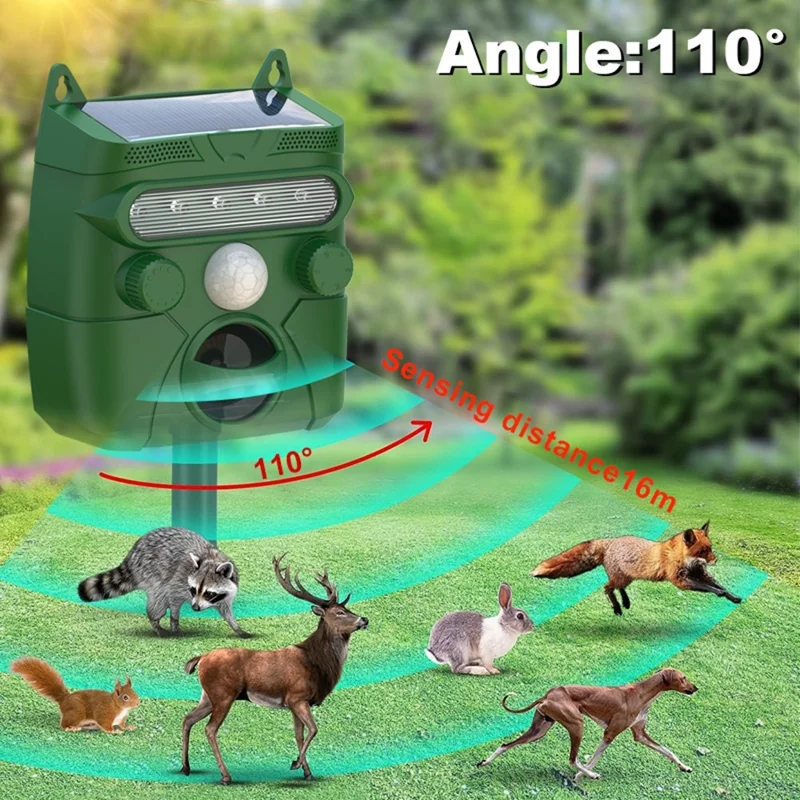 RC-548 Solar Powered Ultrasonic Animal Repeller with PIR Sensor and LED Flash IPX4 Waterproof - Green