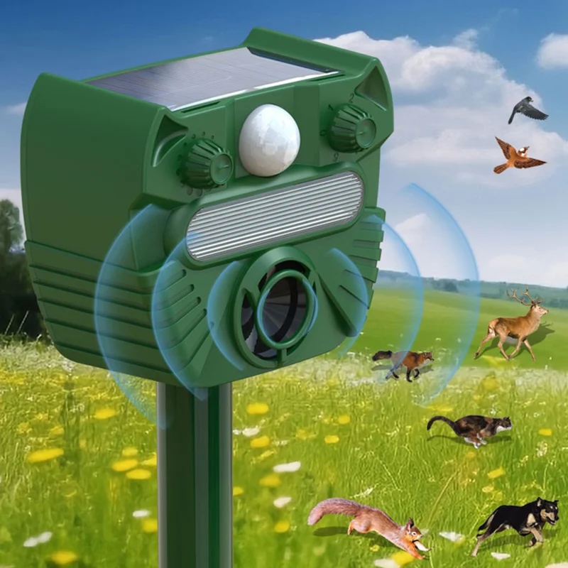 RC-547 Outdoor Solar Ultrasonic Animal Repeller PIR Motion Sensor LED Strobe IPX4 Waterproof - Green