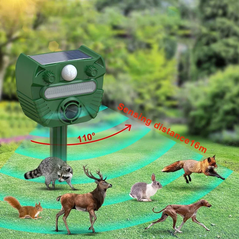 RC-547 Outdoor Solar Ultrasonic Animal Repeller PIR Motion Sensor LED Strobe IPX4 Waterproof - Green