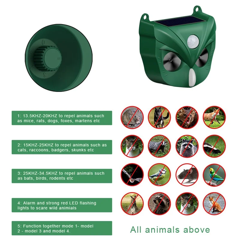 RC-546 Outdoor Solar Animal Repeller Ultrasonic PIR Motion Sensor 5 Modes 120dB Alarm LED Flash IPX4 Waterproof - Green