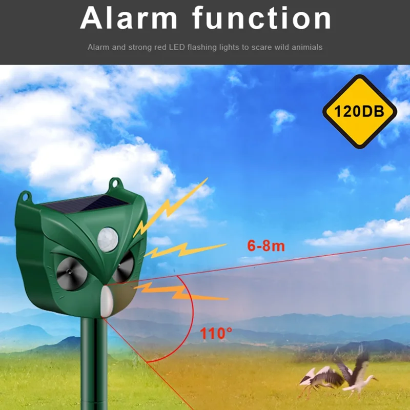 RC-546 Outdoor Solar Animal Repeller Ultrasonic PIR Motion Sensor 5 Modes 120dB Alarm LED Flash IPX4 Waterproof - Green