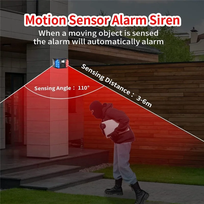 RC-711 Solar Motion Sensor Alarm IP65 Waterproof Red Blue LED Outdoor Deterrent Device (without Remote)
