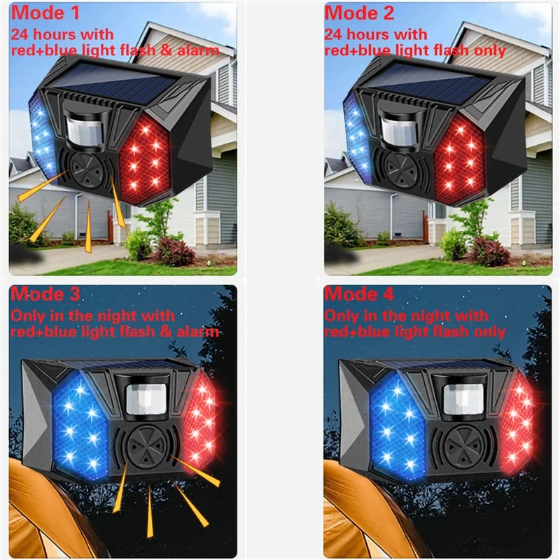 RC-711 Solar Motion Sensor Alarm IP65 Waterproof Red Blue LED Outdoor Deterrent Device (without Remote)