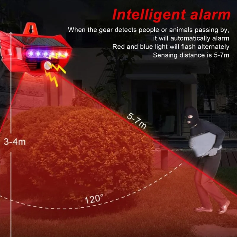RC-710 Solar Powered PIR Motion Sensor Alarm 129dB Audio and Visual Animal Repeller (without Remote) - Red