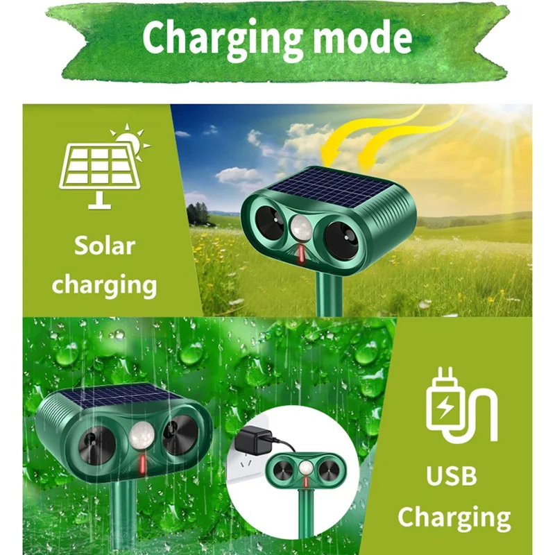 Repelente Solar Ultrasónico de Animales RC-515, Resistente al Agua IPX4, Detección de 110 Grados - Verde