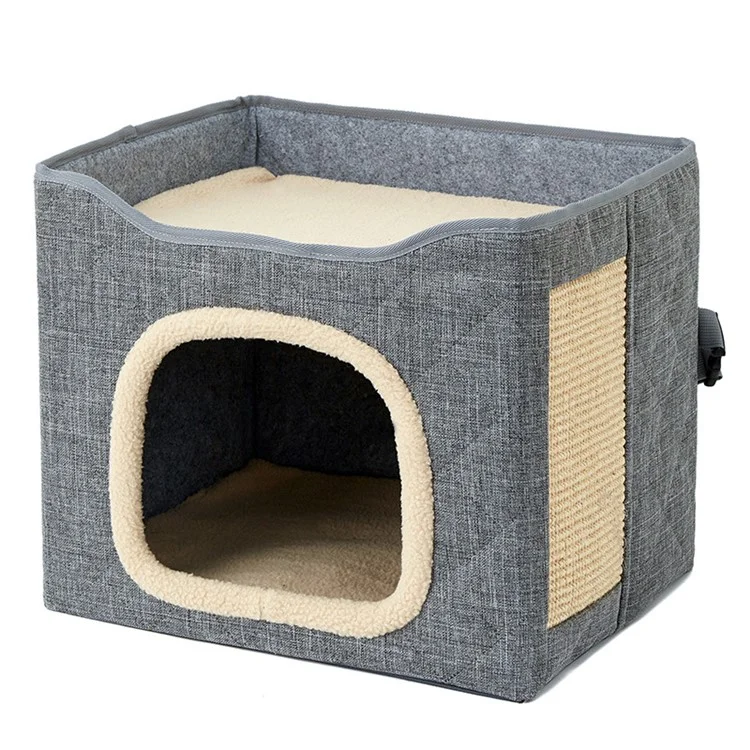 QS-101 Foldable Square Cat Sleeping House Scratcher Design Double Layer Semi-enclosed Kennel Pet Gift Home - Light Grey