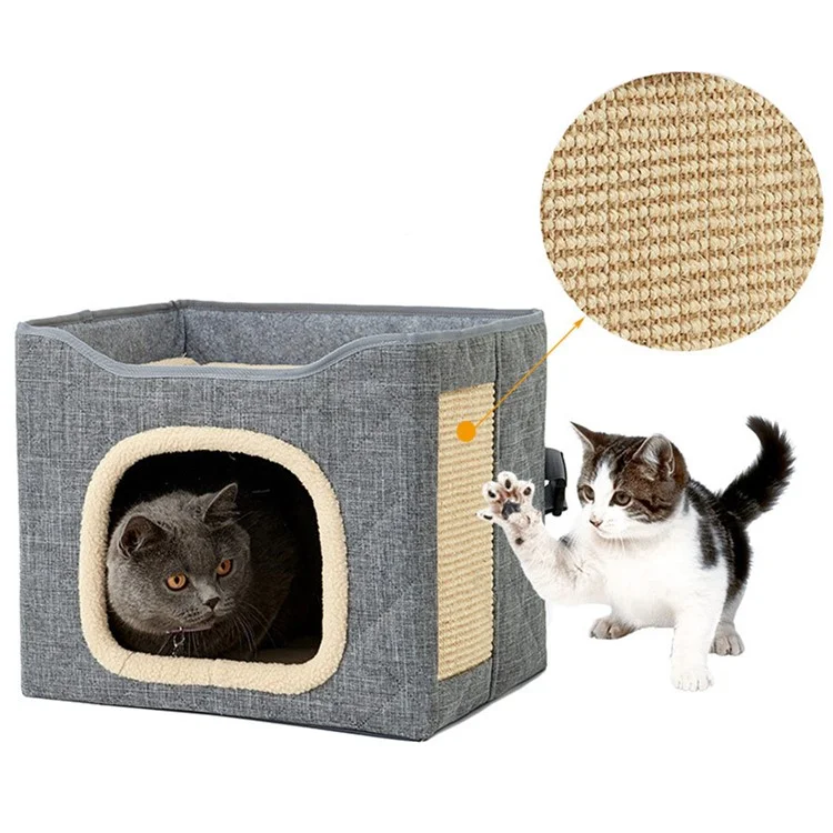 QS-101 Foldable Square Cat Sleeping House Scratcher Design Double Layer Semi-enclosed Kennel Pet Gift Home - Light Grey