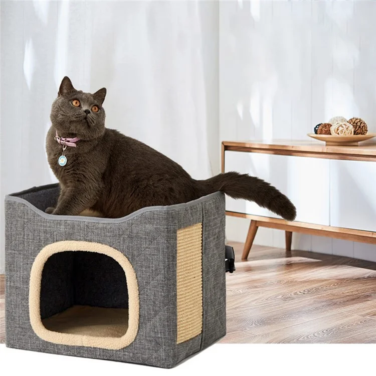 QS-101 Foldable Square Cat Sleeping House Scratcher Design Double Layer Semi-enclosed Kennel Pet Gift Home - Light Grey
