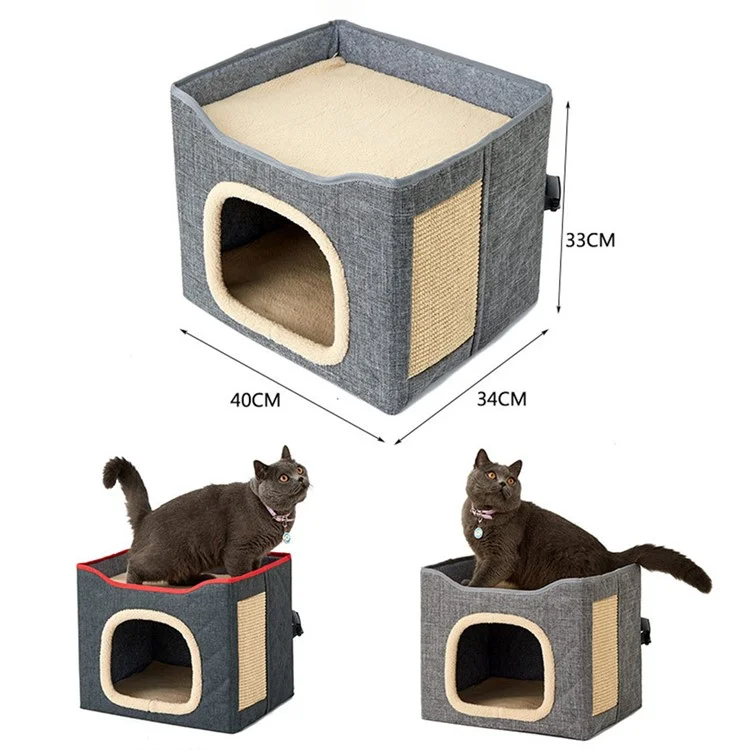 QS-101 Foldable Square Cat Sleeping House Scratcher Design Double Layer Semi-enclosed Kennel Pet Gift Home - Light Grey