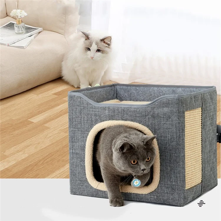 QS-101 Foldable Square Cat Sleeping House Scratcher Design Double Layer Semi-enclosed Kennel Pet Home - Dark Grey