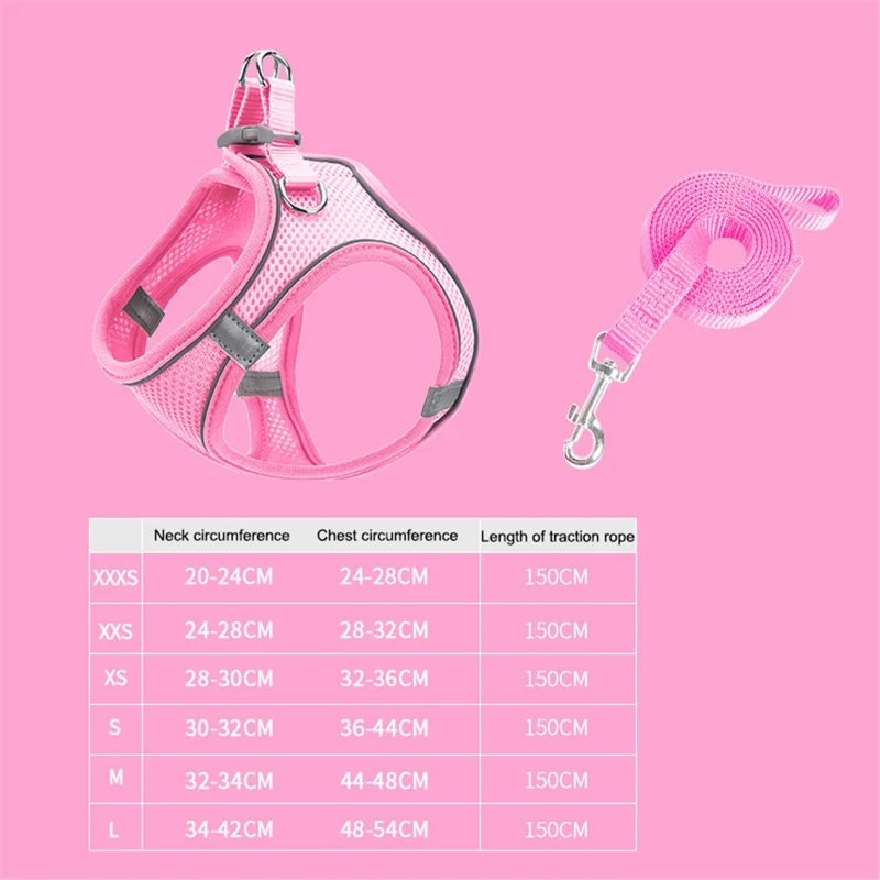 Outdoor Walking Pet Harness Breathable Mesh Adjustable Vest Gift with Leash for Cat Dog, Size XS - Pink
