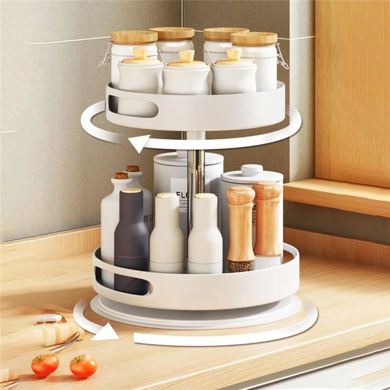 2 Tiers Rotating Kitchen Seasoning Storage Rack Carbon Steel Countertop Cupboard Organizer - White