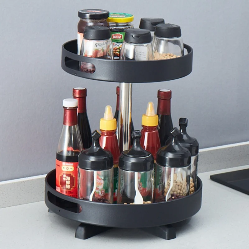 2 Tiers Rotating Kitchen Seasoning Storage Rack Carbon Steel Countertop Cupboard Organizer - Black